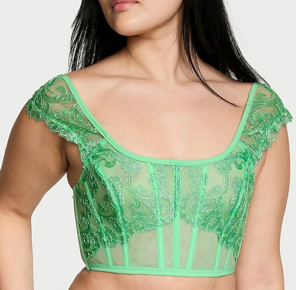 Victoria's Secret Boho Floral Cap Sleeve Corset Light Green Medium D DD New NWT
